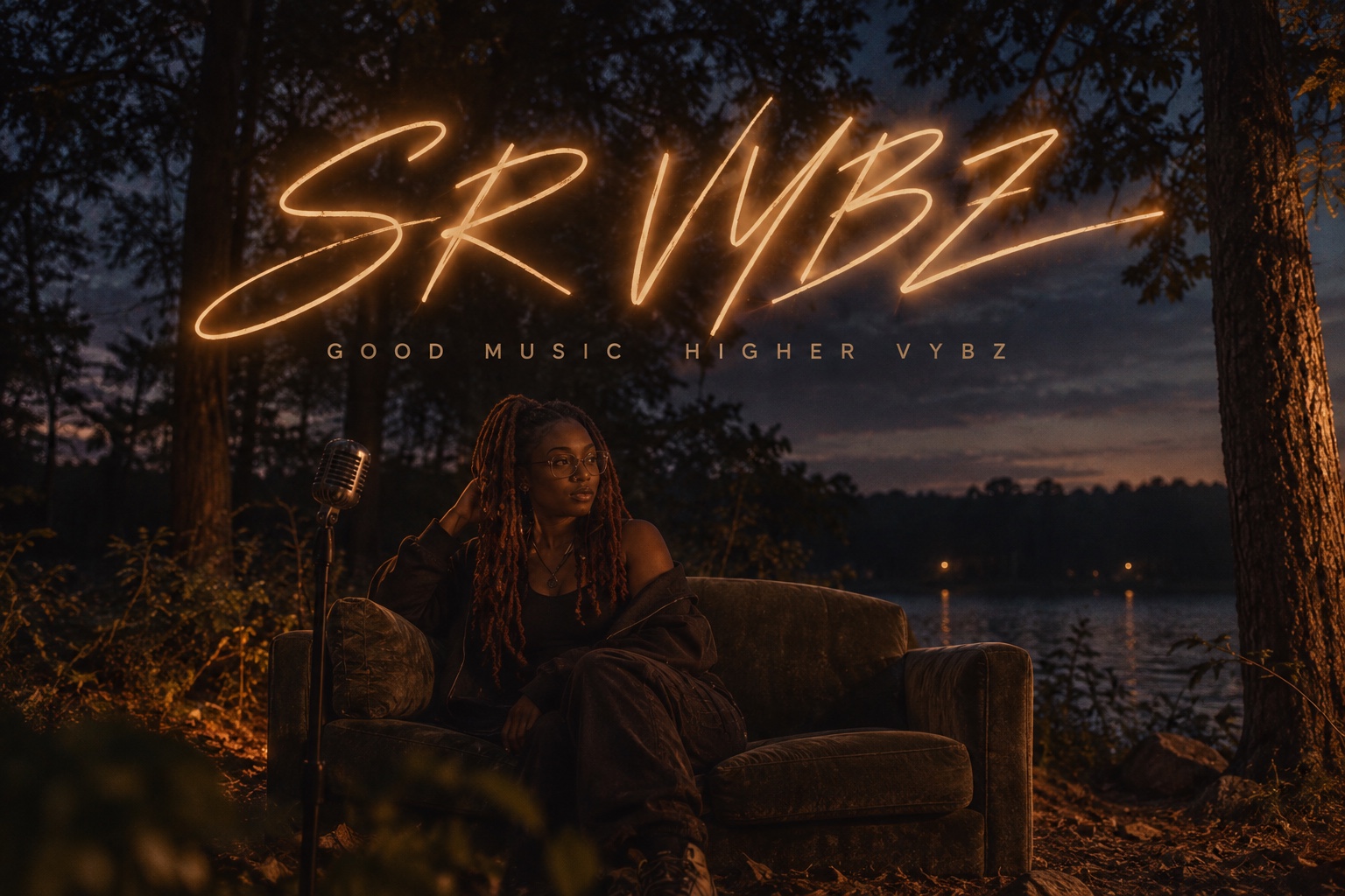 SR VYBZ seated beside a microphone by the water at dusk